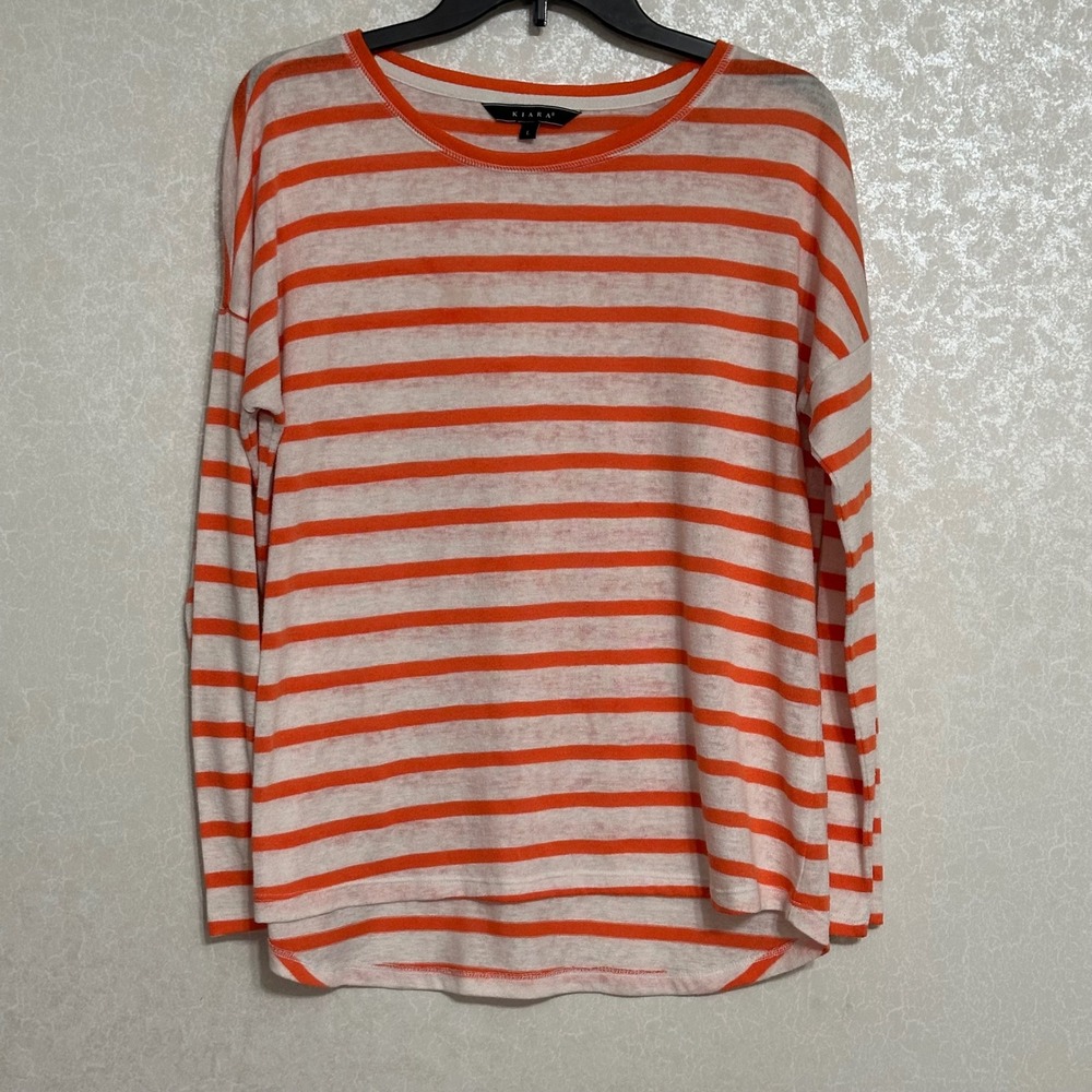 Kiara Orange & White Striped Long Sleeve Top Lightweight Knit Shirt Casual Sz L